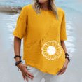 thumbnail image 2 of Chemises d'Été pour Femmes Col Rond Imprimé Coton Lin Haut Grande Taille Ourlet Irrégulier Décontracté Confortable Manches Courtes Blouse, 2 of 4