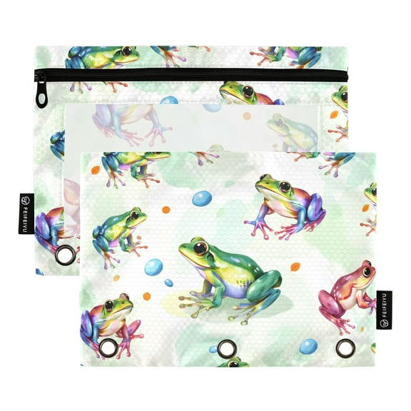 ALAZA 2 Pack Pencil Pouch Cartoon Frogs Green Pencil Case for 3 Ring Binder Clear Window Pencil Bag Organizers