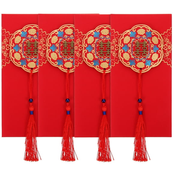 CIMAXIC Wedding 4pcs Tassel Design Red Envelope Wedding Paper Money Pocket With Chinese Style Pattern,8.15"X3.74"X0.12"