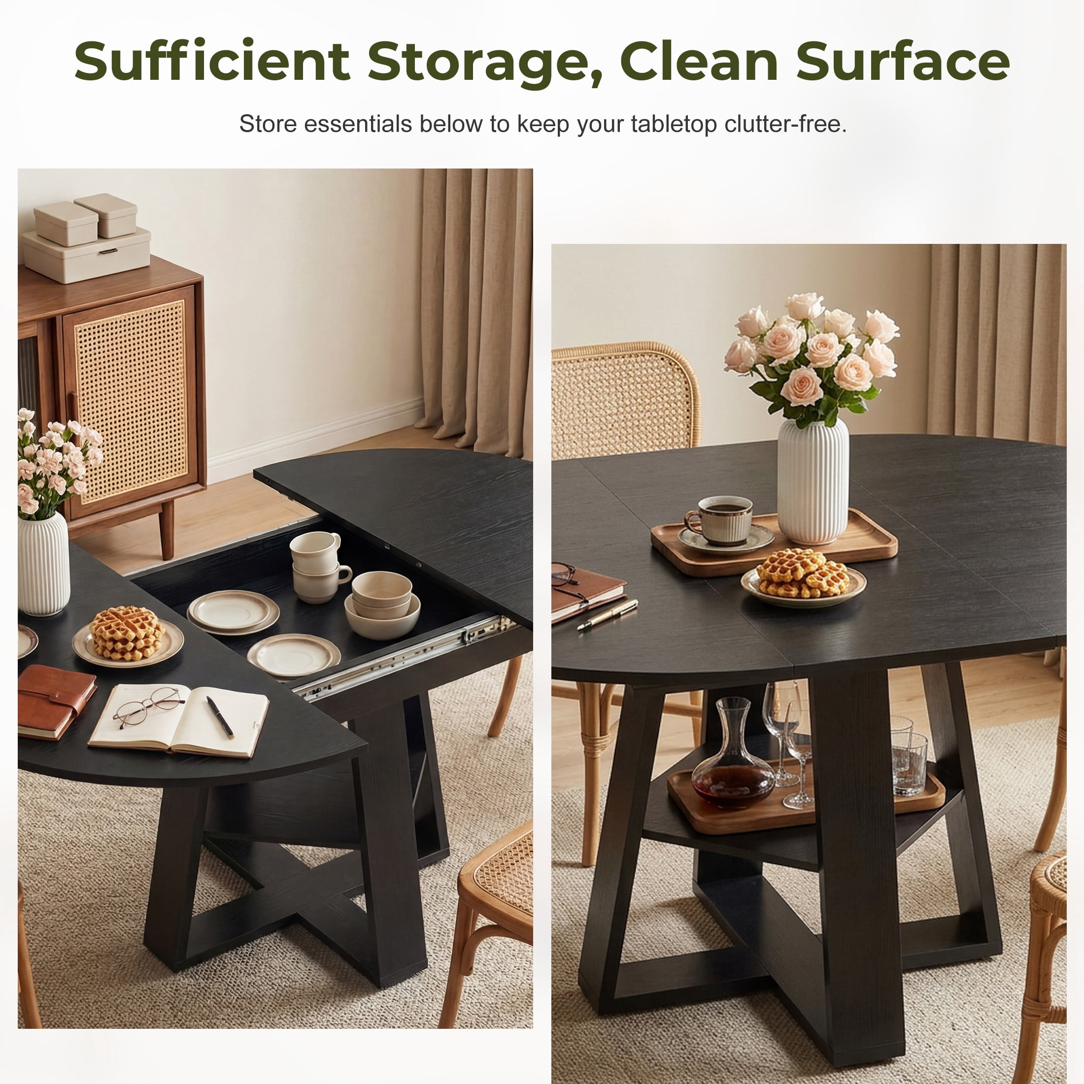 EDX 43.3″–59″ Extendable Round Dining Table for 4-8, Modern Oval Dining Table with Removable Leaves, Wooden Kitchen Table with Storage Shelf Base, Space Saving for Kitchen Living Room, Black