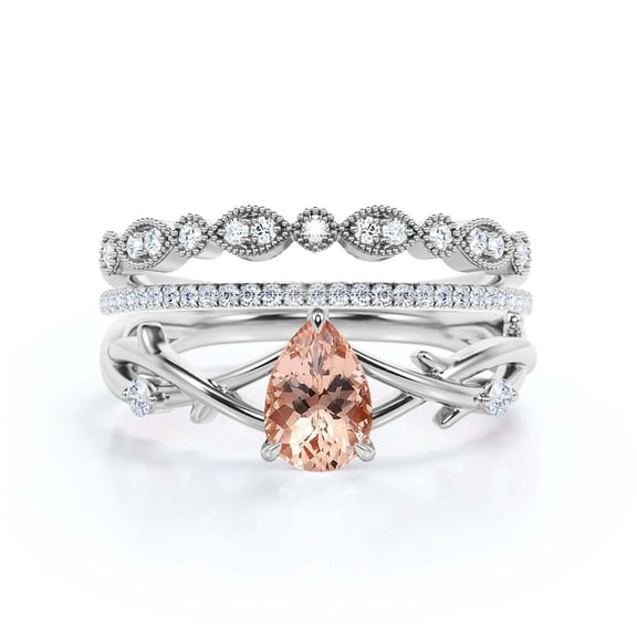 Boho & hippie 2.10 Carat Pear Cut Morganite And Diamond Moissanite Unique Engagement Ring, Wedding Ring, Inspired And Branch Ring in 10k Solid White Gold, Gift For Her, Surprise, Trio Ring Set