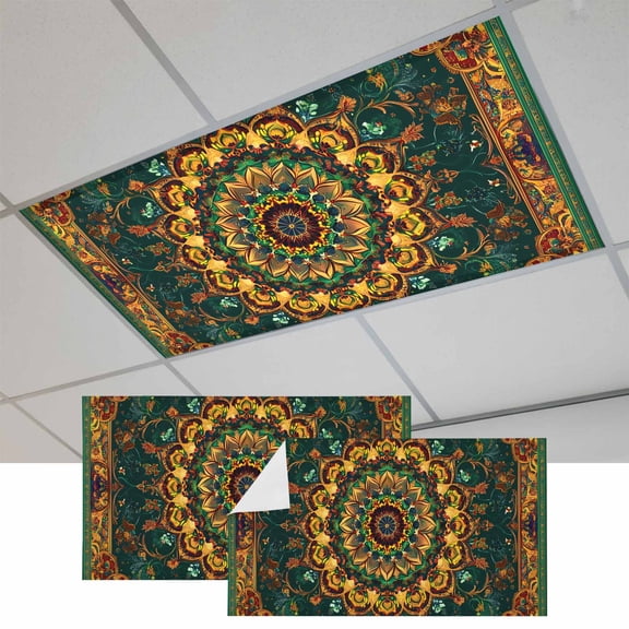 Bohemian Flower Magnetic Fluorescent Light Covers for Ceiling Lights 2x4Ft, Colorful Yellow Boho Rustic Tribal Office Classroom Kitchen Drop Ceiling Light Covers Lighting Filters Shade Panel 2 Packs