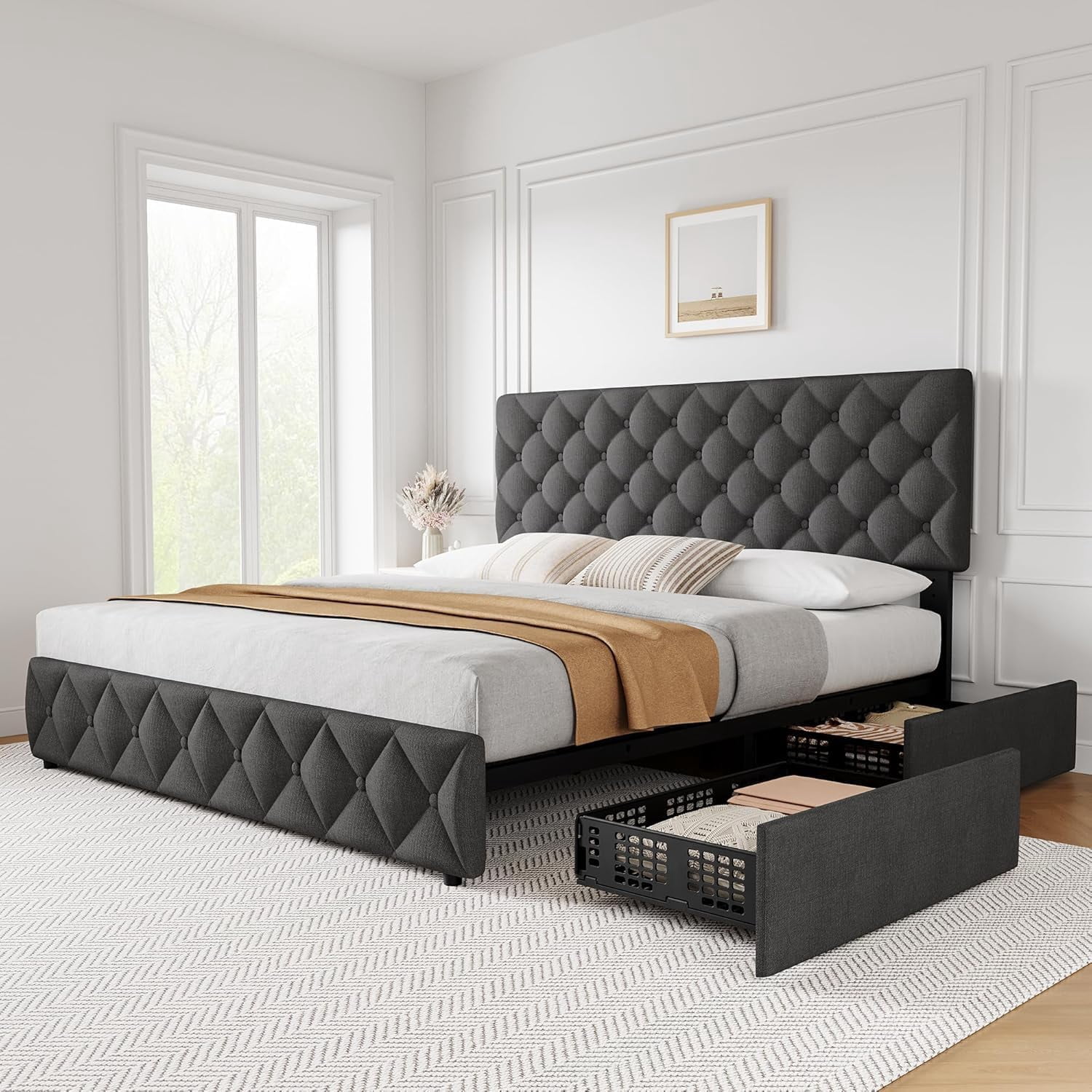 GARVEE King Size Bed Frame, with Adjustable Headboard, 4 Storage Drawers, Gray