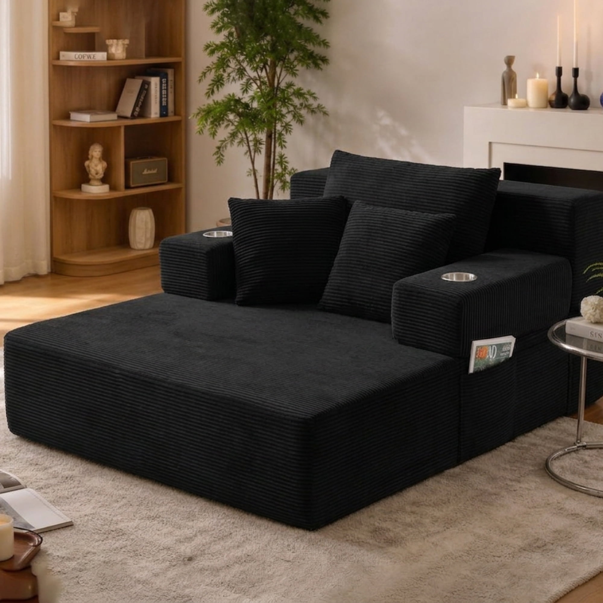 Leumius 70.8'' Oversized Chaise Lounge Chair Indoor,Plush Corduroy Upholstered Cloud Sofa Bed for Living Room,No Assembly Required,Black