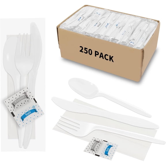Knife Fork Spoon Napkin Salt Pepper Sets, Individually Wrapped Black Plastic Cutlery Packets for Delivery, Cafeterias, Restaurants (250 Pack-White)