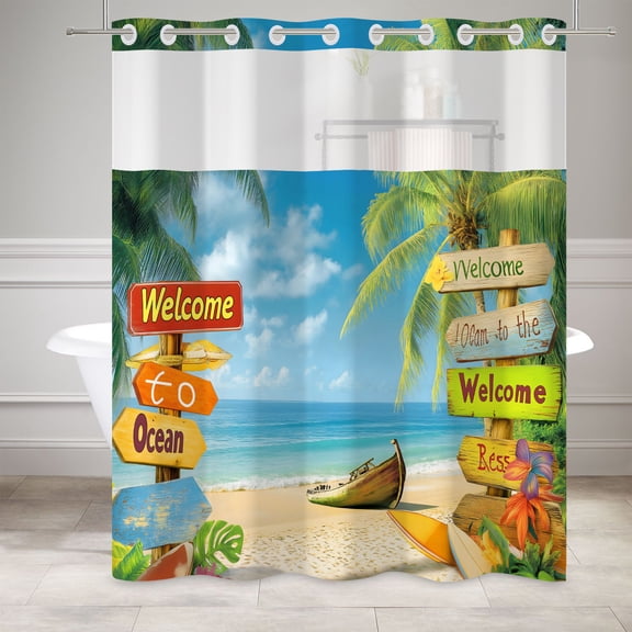MIZHONA Ocean Beach Shower Curtain with Liner,Summer Palm Tree No Hook Bathroom Curtain,71"× 74"