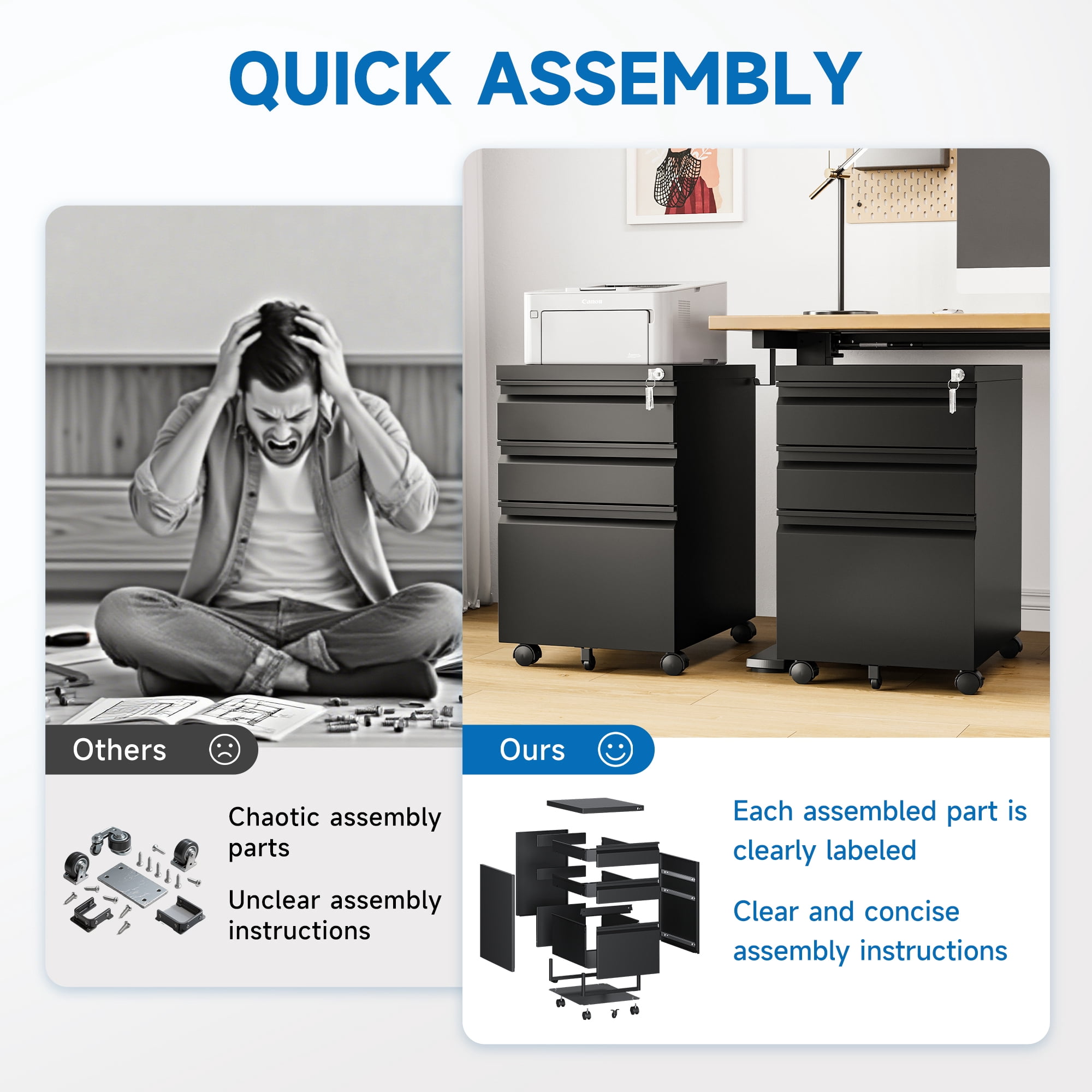 Fesbos 3 Drawer Mobile File Cabinet with Lock, Metal Rolling Filing Cabinets for Home Office, Fits Letter/Legal/A4 Size Files, Black, Assembly Required