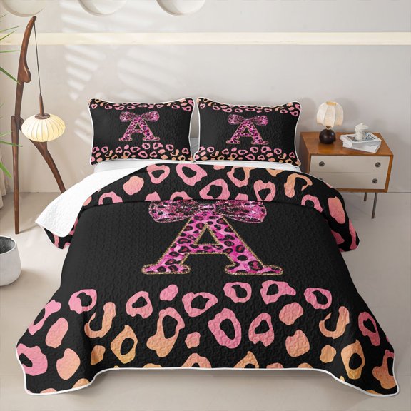 Erosebridal Teens Bow Letter Monogrammed A Twin Quilt Set,Bling Glitter Print Gradient Leopard Print Twin Coverlet Set for Girls Women