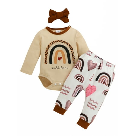 

Frobukio 3Pcs Newborn Baby Girls Pants Sets Long Sleeve Rainbow Print Romper Heart Print Pants Bowknot Headband Light Khaki 0-3 Months