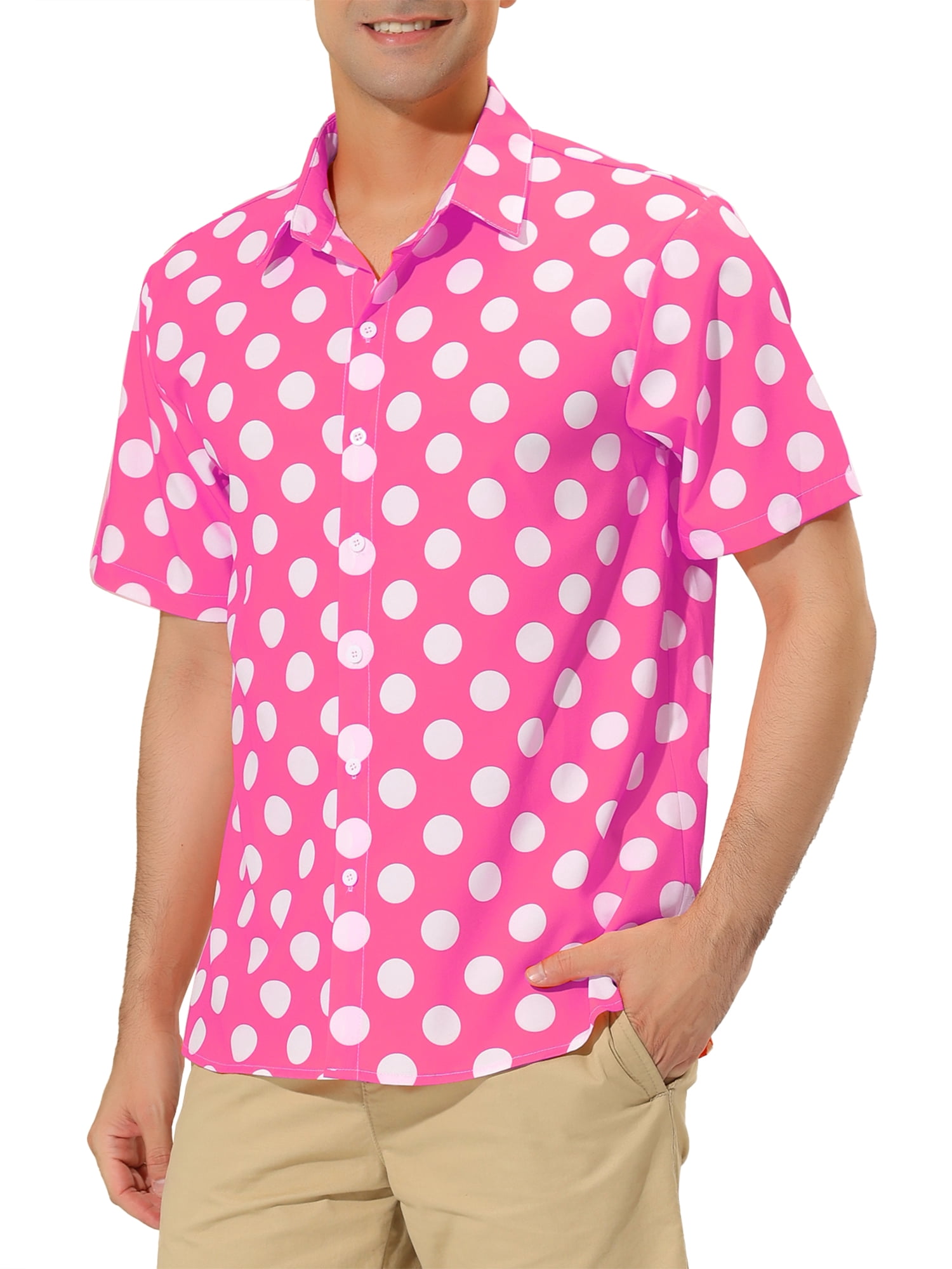 Unique Bargains Men's Summer Polka Dots Shirt Button Down Short Sleeves Shirts S Pink