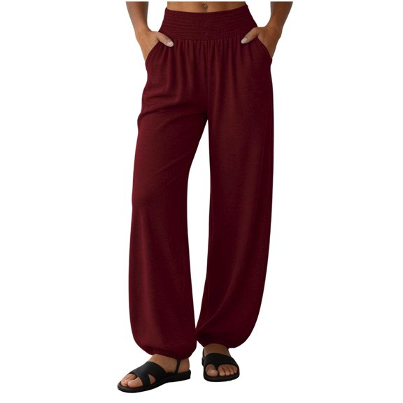 Aezemi Women High Waisted Sports Pants Loose Fit Elastic Waist Flowy Jogger Pants with Pockets Palazzo Womens Workout Fashion Casual Outdoor Trousers M