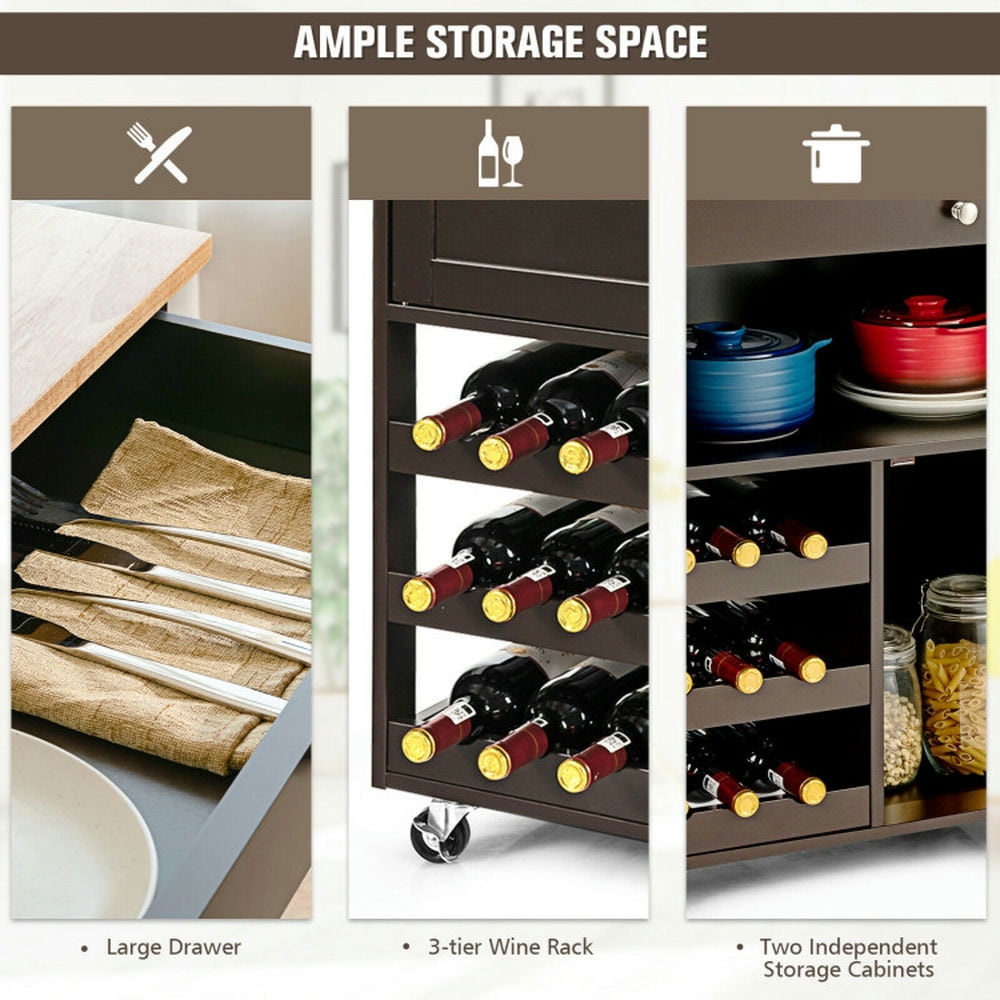Finihen Rolling Cart, Kitchen Island Cart, Kitchen Cart with Rubber Wood Top 3 Tier Wine Racks 2 Cabinets, for Kitchen, Dining Room, Brown Finihen Rolling Cart, Kitchen Island Cart, Kitchen Cart with Rubber Wood Top 3 Tier Wine Racks 2 Cabinets, for Kitchen, Dining Room, Brown