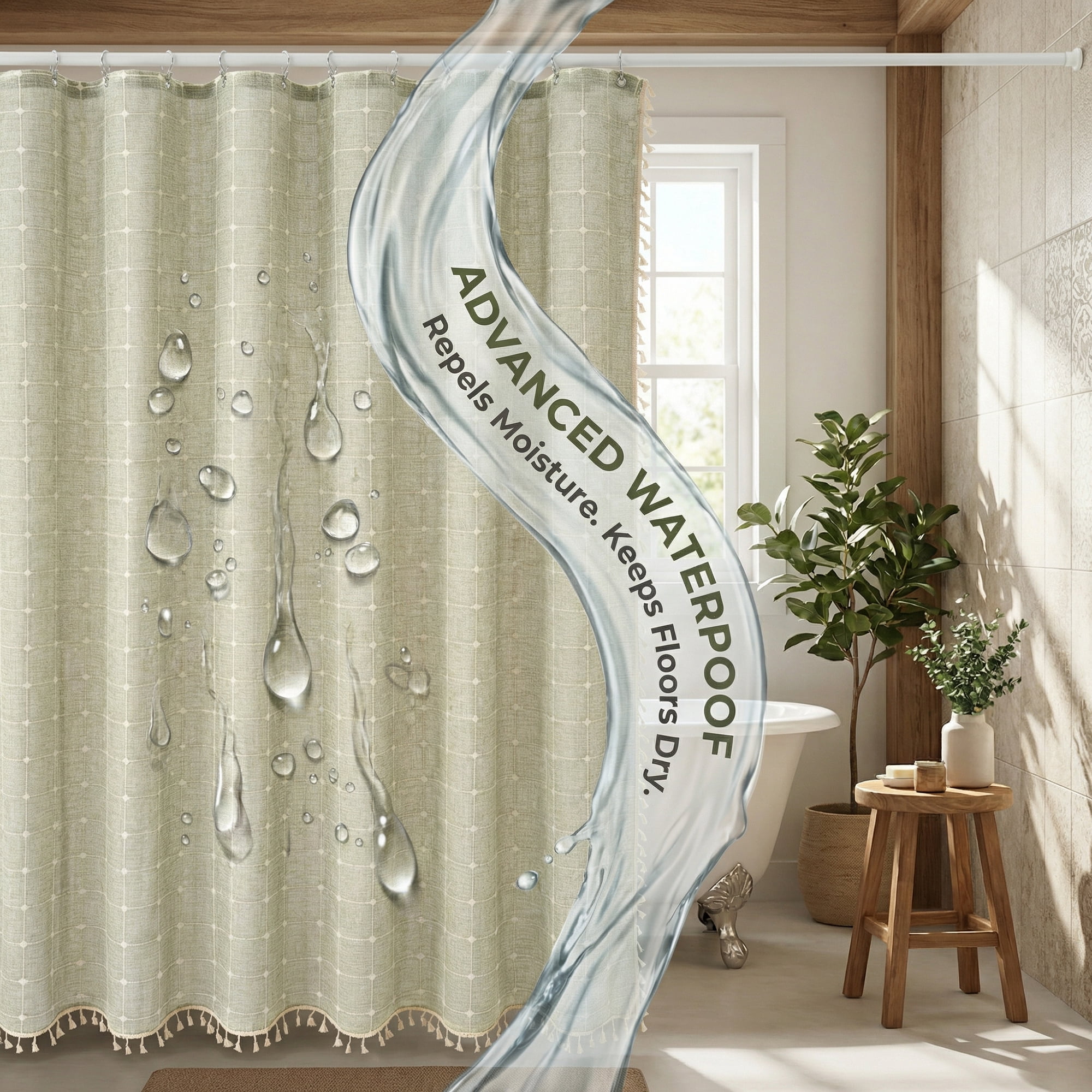 Unique Bargains Boho Plaid Blend Shower Curtain Sets with Hooks Green 72"W x 72"L