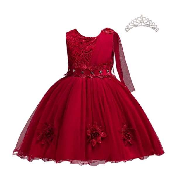 Verano niña flor cumpleaños tul vestido arco vestido de boda niños fiesta de noche princesa rojo rosa ropa bebé niña Bowknot vestidos 3T (etiqueta 110) Gao Jinjia LED