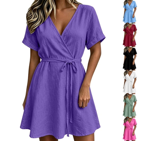 Bxsruta Womens Summer Dress Casual Short Sleeve V Neck Wrap Mini Dress for Vacation Beach