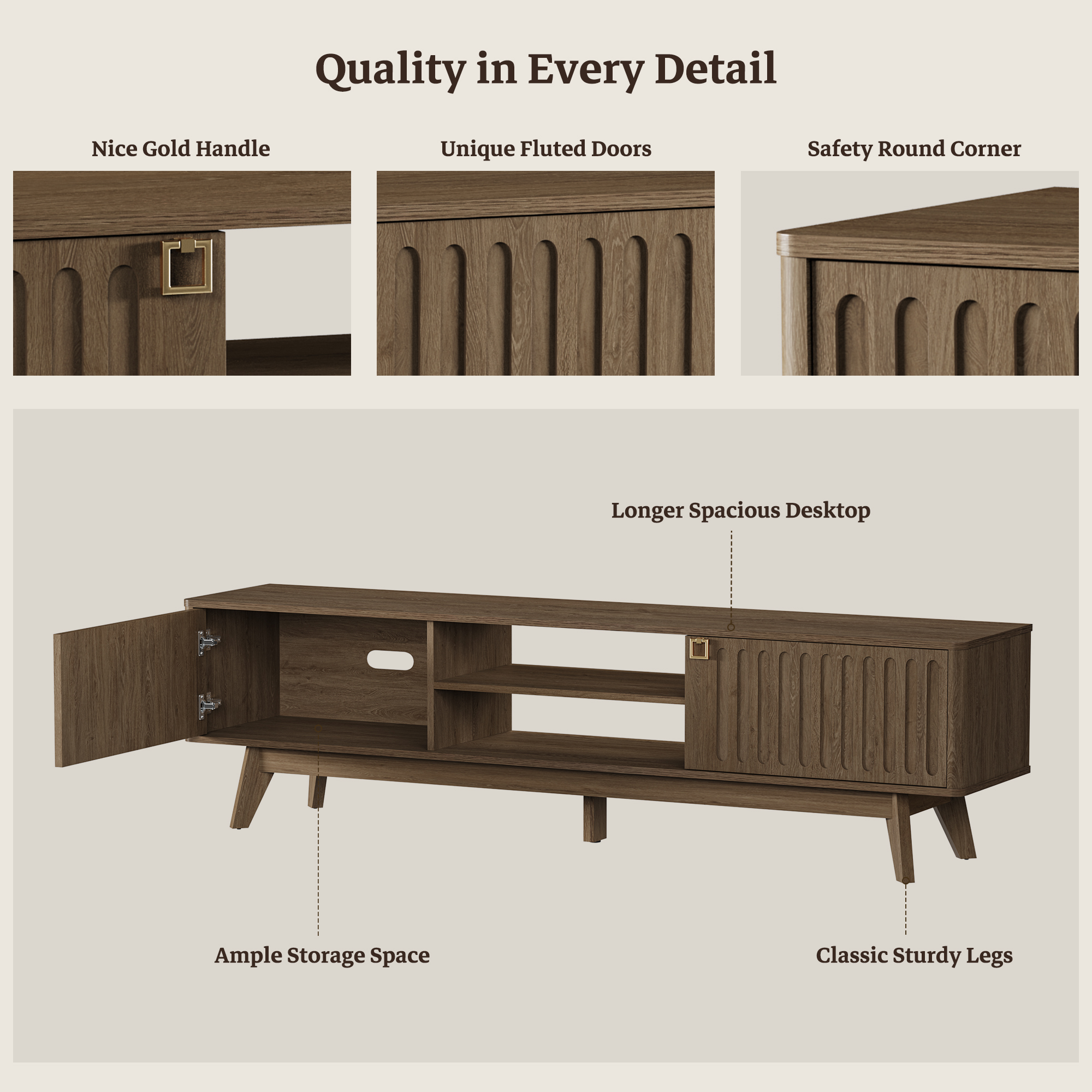 SICOTAS 70.1" Extra Long Modern TV Stand, Minimalist Console Table with 2 Fluted Doors, 3-Tier Storage Shelves, Long Entertainment Center for Living Room, Coffee Oak