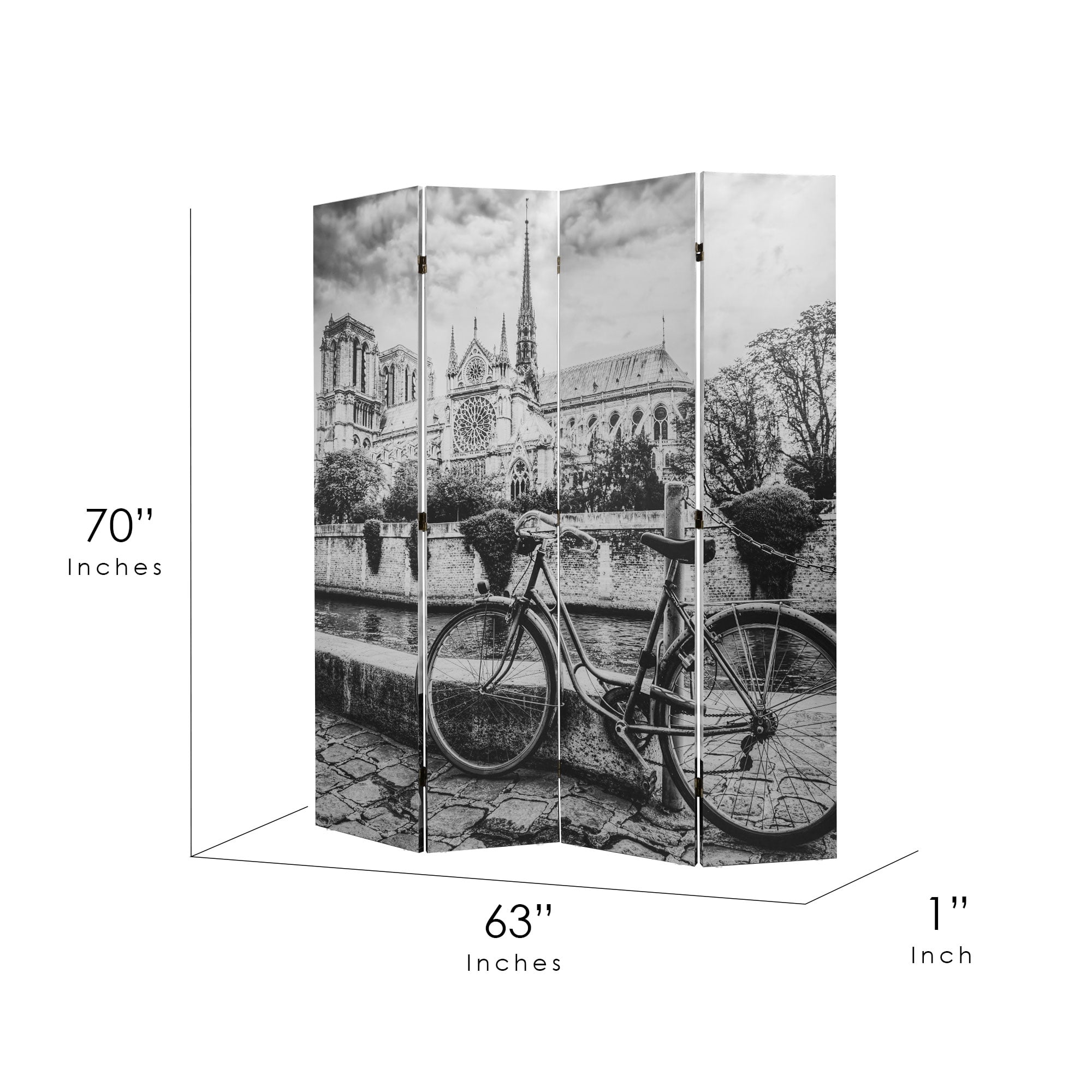American Art Decor Double-Sided Eiffel Tower & Notre Dame Bike Black & White Canvas Room Divider Privacy Screen, 4 Panels, 70" H x 63" L x 1" D
