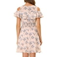 thumbnail image 3 of INSPIRE CHIC Women's Floral Printed Smocked Waist Ruffle Cold Shoulder Dress M Pink, 3 of 5