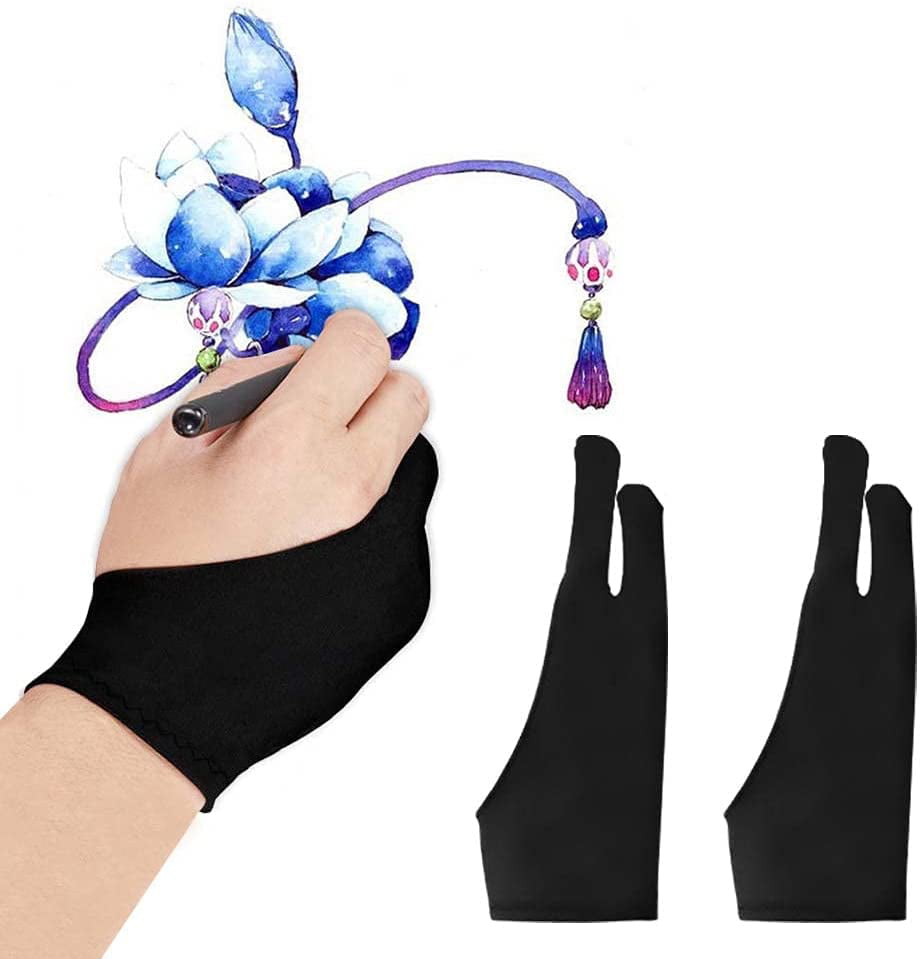 2 pcs Black Free Size Two Finger Glove Right Left Hand Ambidextrous Artist Tablet Painting Writing Art Digital Graphic Drawing Anti-Fouling Gloves