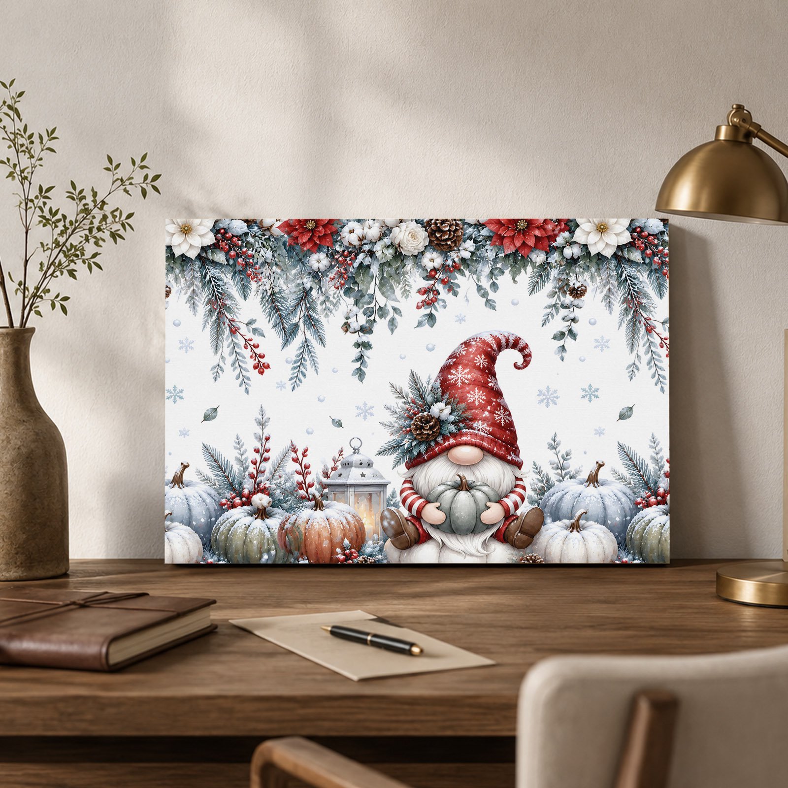 Thanksgiving Fall Canvas Wall Art Rustic Gnome Green Blue White Orange Pumpkin Wall Art Prints Artwork Framed Canvas Ready to Hang Art Pictures for Bathroom Nightstand Narrow Hallway 14 x 11