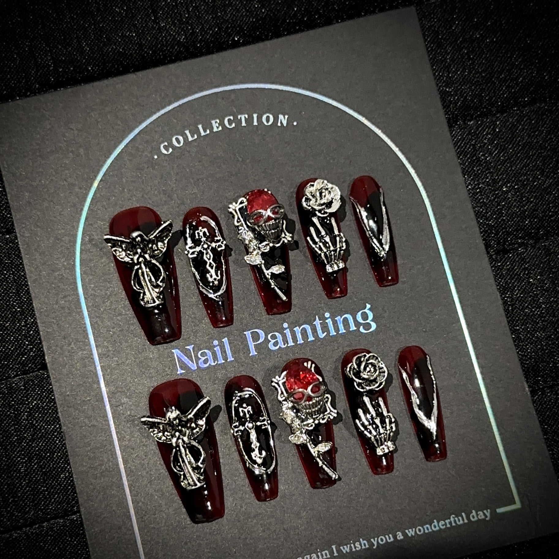 Pure handmade wearable nails autumn and winter dark burgundy nail art pieces European and American heavy industry punk fake nail patches show white