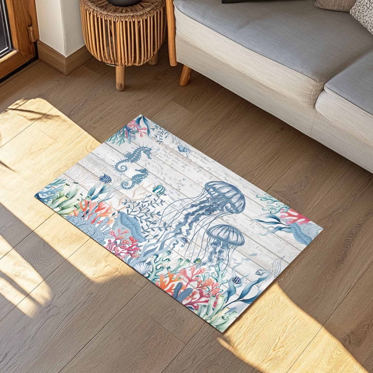 Ocean Jellyfish Door Mat Watercolor Seaweed Sea Horse Coral Wood