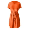 thumbnail image 5 of Women's Swimsuit Cover Ups - V Neck Drawstring Slit Eyelet Embroidery Beach Dress, Flowy Short Sleeve, 5 of 5