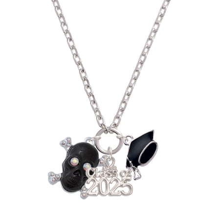 Delight Jewelry Silver-tone Large Black Resin Skull with AB Crystals - Silver-tone Class of 2025 Graduation Zoey Necklace, 28"