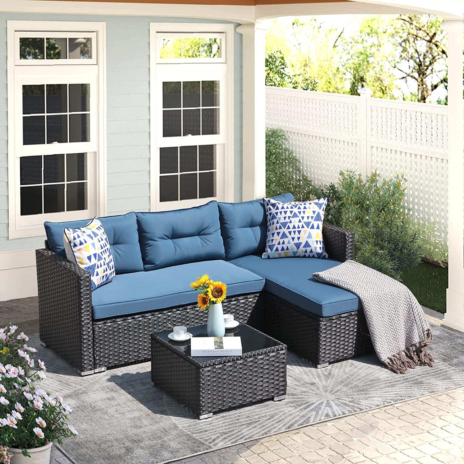 OC Orange-Casual 5-Piece Patio Furniture Set, Outdoor Sectional Sofa, Coffee Table, Dark Brown Rattan & Aegean Blue Cushion - image 5 of 9