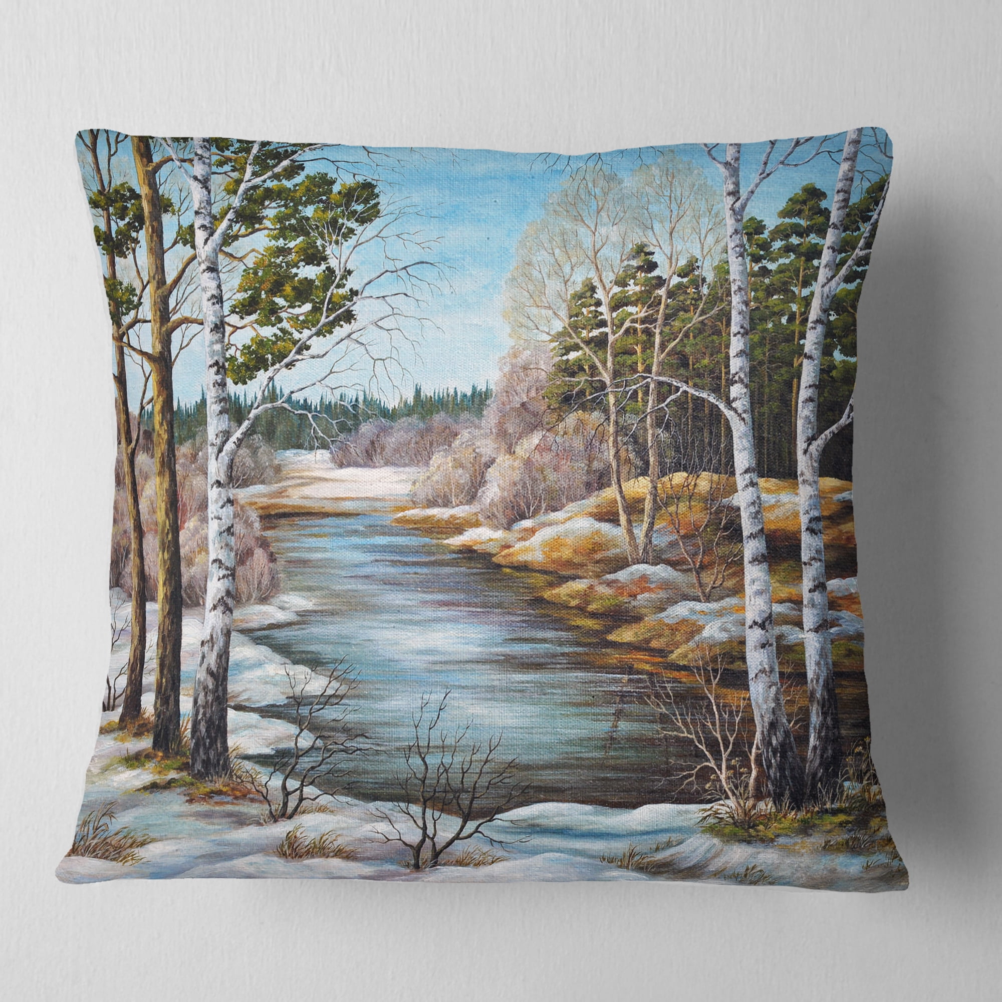 Designart The spring Siberian River - Landscape Printed Throw Pillow - 16x16