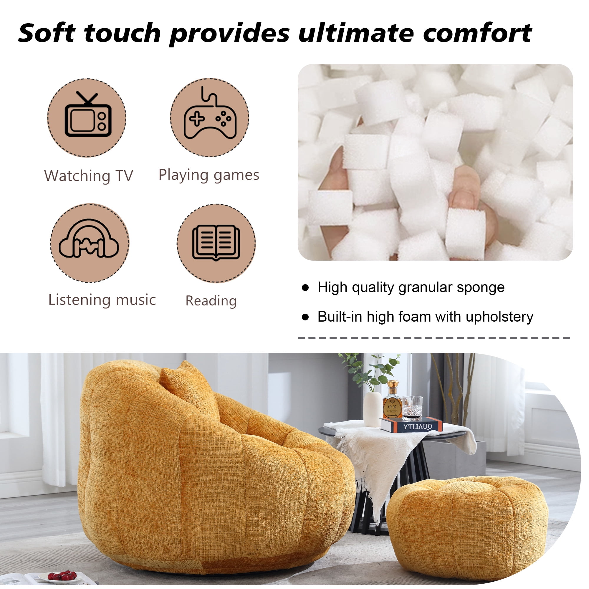 MOONMISS Chenille Upholstered Round Lazy Cozy Bean Bag Chair with Ottoman-YELLOW