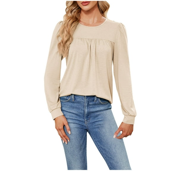 Jewelreauty Women's Round Neck Pullover Tops Long Sleeve Solid Color Comfort Shirts Fashion Loose Casual Blouses (S, Beige)