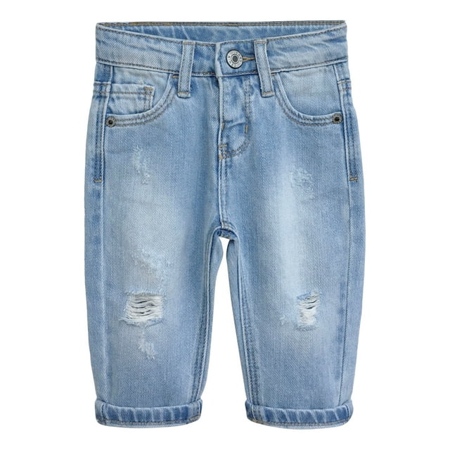 KIDSCOOL SPACE Infant Jeans,Baby Toddler Elastic Band Inside with D-ring Simple Design Distressed Soft Denim Pants,Light Blue,9-12 Months