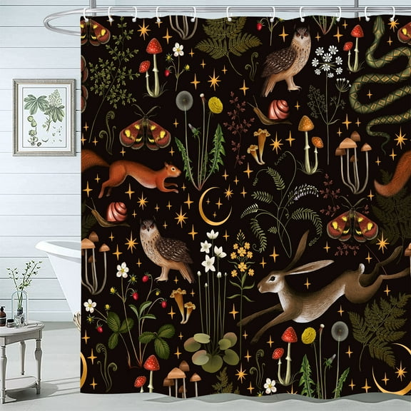 Fairy Rustic Forest Shower Curtain, Boho Cute Funny Gothic Vintage Mushrooms Woodland Wild Animals Butterfly Shower Curtain for Bathroom，Waterproof Fabric Bathroom Curtain Set with Hooks 72X72Inch