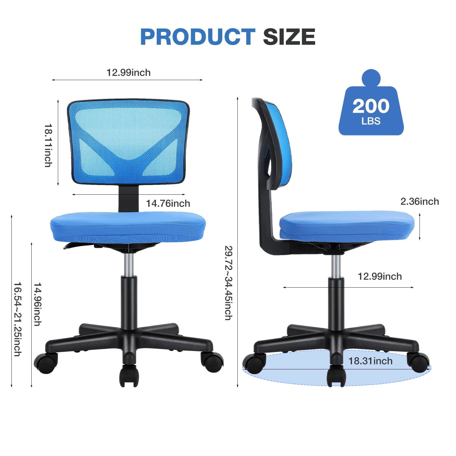 GIANNA Swivel Computer Office Mesh Desk Chair Armless Small Desk Chair Adjustable Black Computer Task Chair No Armrest Mid Back Home Office Chair for Small Spaces