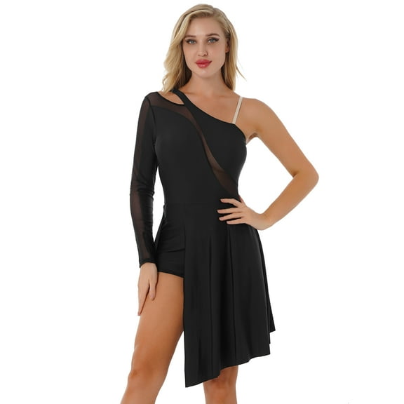 Aislor Women's Lyrical Dance Costume One Shoulder Long Sleeve Split Asymmetrical Hem Dress Dancewear Black XL