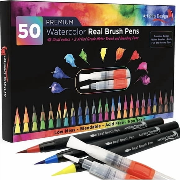 Lot Bonus de 50 Pinceaux Aquarelle Combo 48 Couleurs 2 Pinceaux Flexibles en Nylon Véritable pour Peinture Aquarelle Calligraphie Coloriage Débutant Ou Artiste Portable Faible Désordre