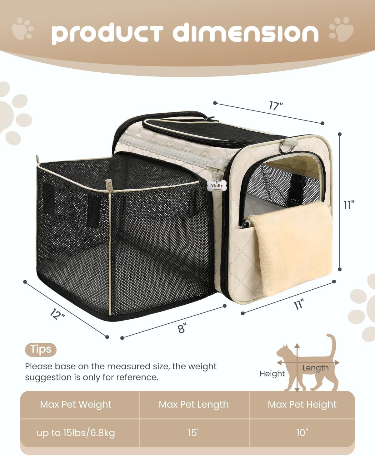 Soft Sided Cat Carrier for Small to Medium Cats, TSA Approved, Collapsible Travel Bag with Expandable Space and Breathable Window (Beige)