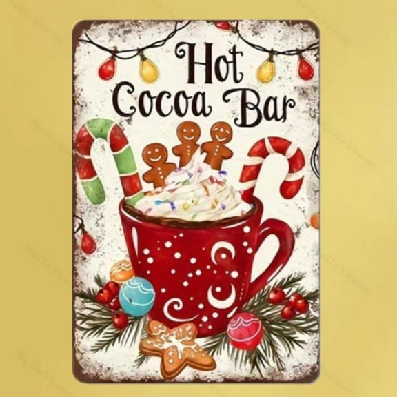 HELLOYOUNG 1pc Christmas Hot Cocoa Bar Metal Sign Weather-Resistant Wall Art with Pre-Drilled Holes for Farmhouse Home Cafe Garage Decor