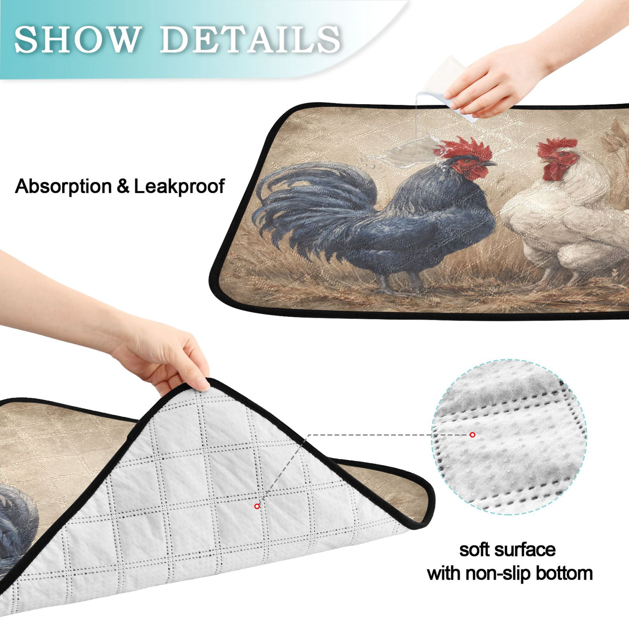Qxltty Rooster Cat litter Pads Pet Set of 3 Diaper Mats Center Anti-leakage Layer Absorbent Soft and Comfortable