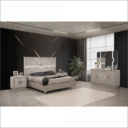 Bedroom Set Queen 5-Pc Modern LED Upholstered Headboard Wood Slate Gray | Wood | Standard Beds