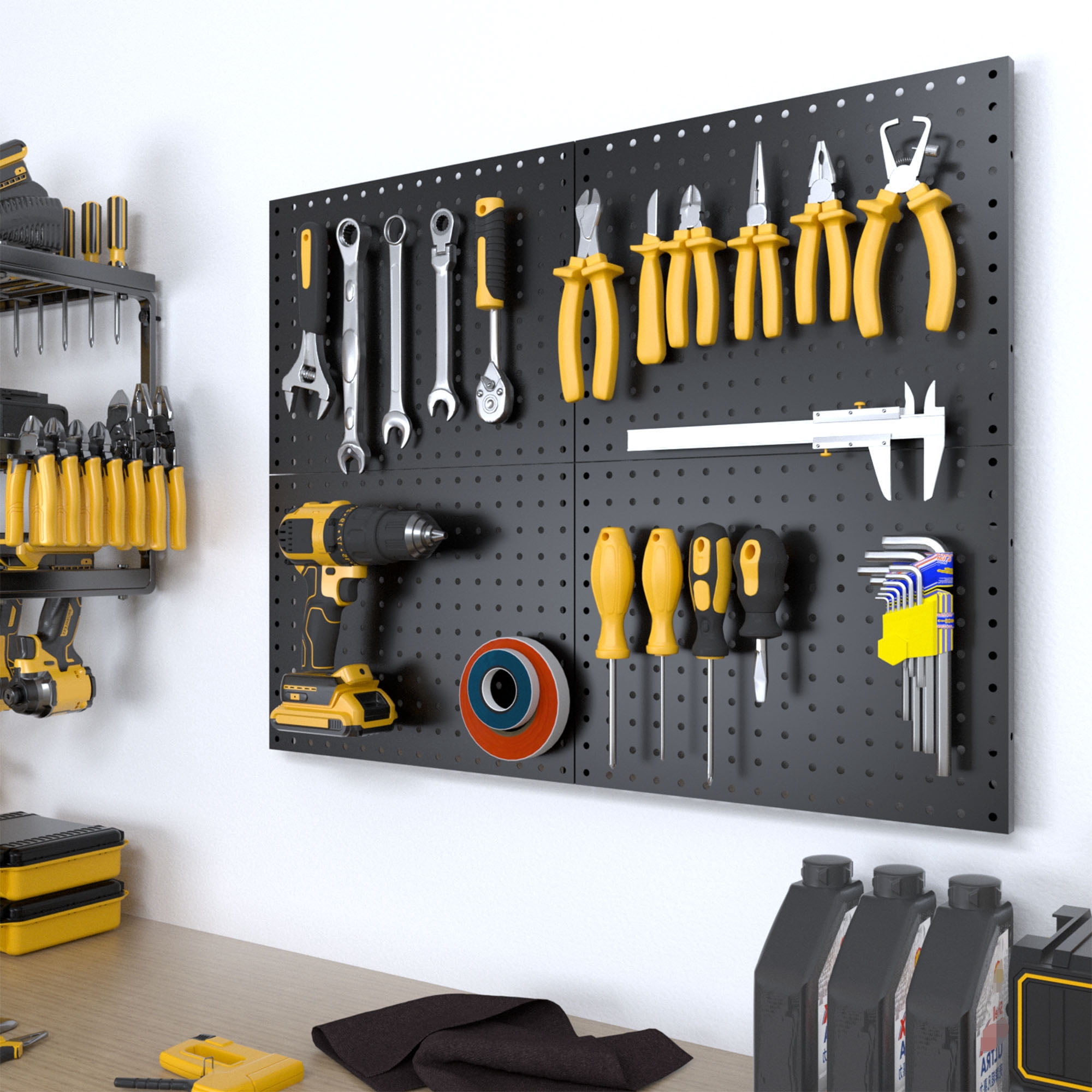 Peg Board, 4 Pack Metal Pegboard Panels with 50 Hooks, Black Pegboards Wall Organizer, Heavy Duty Peg Board for Walls Home, Garage Tool Storage, Office Organization, Craft Room, Kitchen