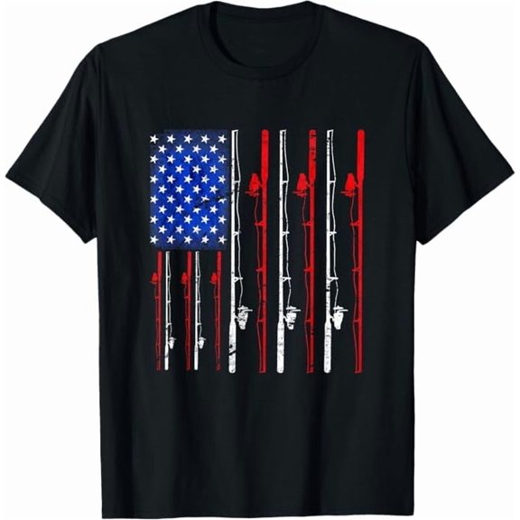 Greenink Vintage American Flag Fishing Rod T-Shirt,Fisherman Fishing Lover Gifts Tee Funny Bass Fishing Unisex Pure Cotton Shirt