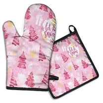 Pink Christmas Tree Kitchen Oven Mitt and Pot Holder Sets 2 Pcs for Baking, Cooking and Grilling, Heat Resistant Up To 392 °F