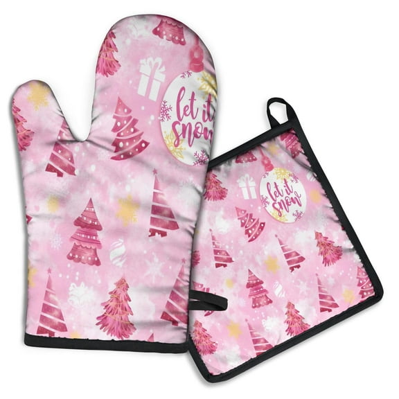 Pink Christmas Tree Kitchen Oven Mitt and Pot Holder Sets 2 Pcs for Baking, Cooking and Grilling, Heat Resistant Up To 392 °F