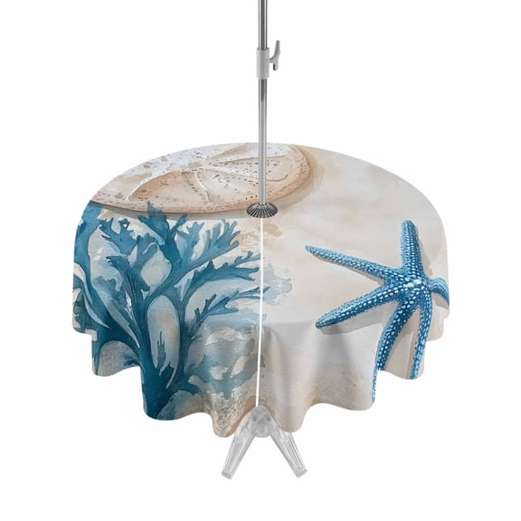 Outdoor Table Cloth with Umbrella Hole and Zipper,Blue Beige Coastal Waterproof Round Tablecloth 54 Inch,Summer Beach Nautical Shell Coral Starfish Washable Table Cover for Outside Party Patio Picnic