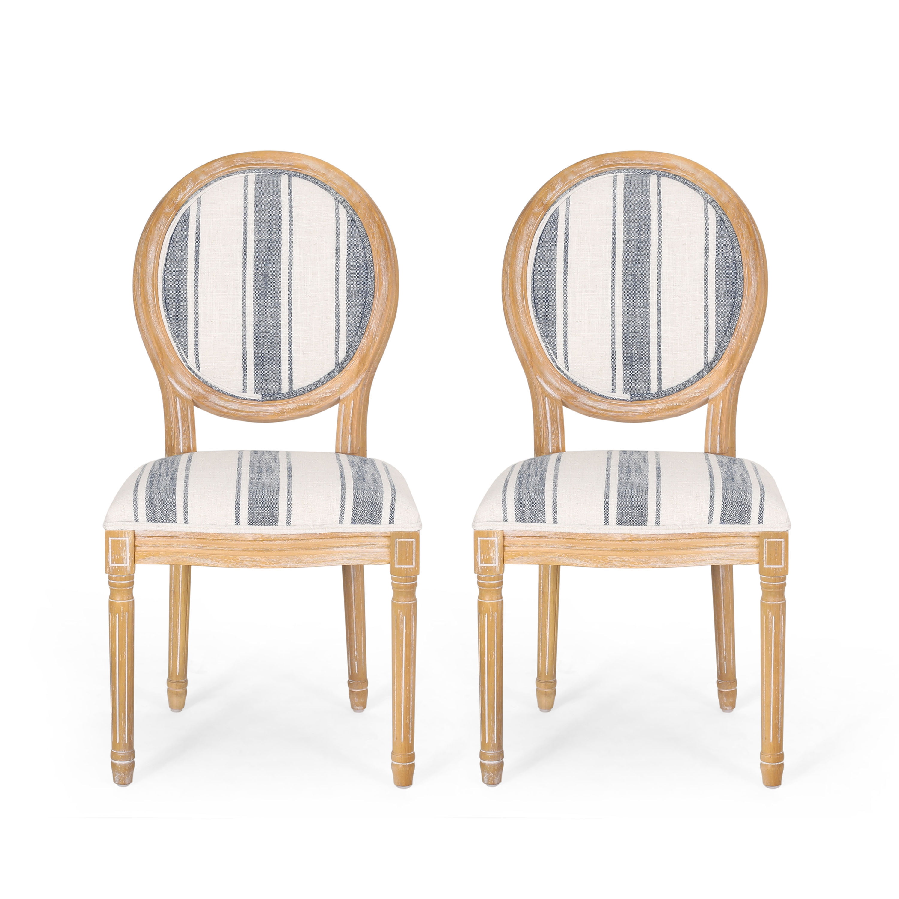 Noble House Karter French Fabric Dining Chairs, Set of 2, Dark Blue Stripes