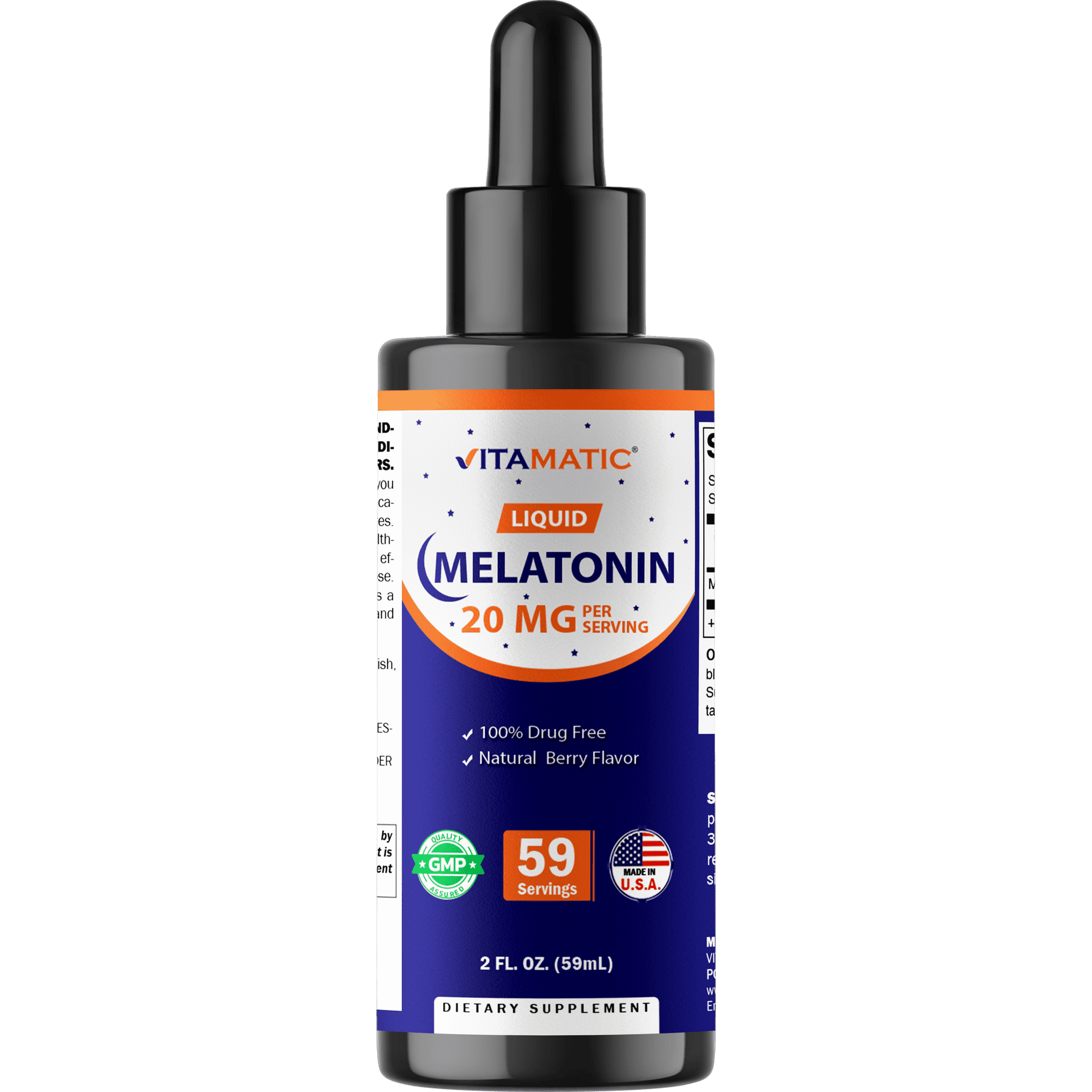 Vitamatic Melatonin 20mg Liquid Drops - 2 Fluid Ounce (59ml) - Natural Berry Flavor - for Adults - Non-GMO - Vegetarian Supplement