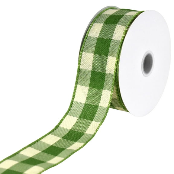Homeford Buffalo Checkered Plaid Wired Ribbon, 1-1/2-inch, 10-yard, Moss/Ivory