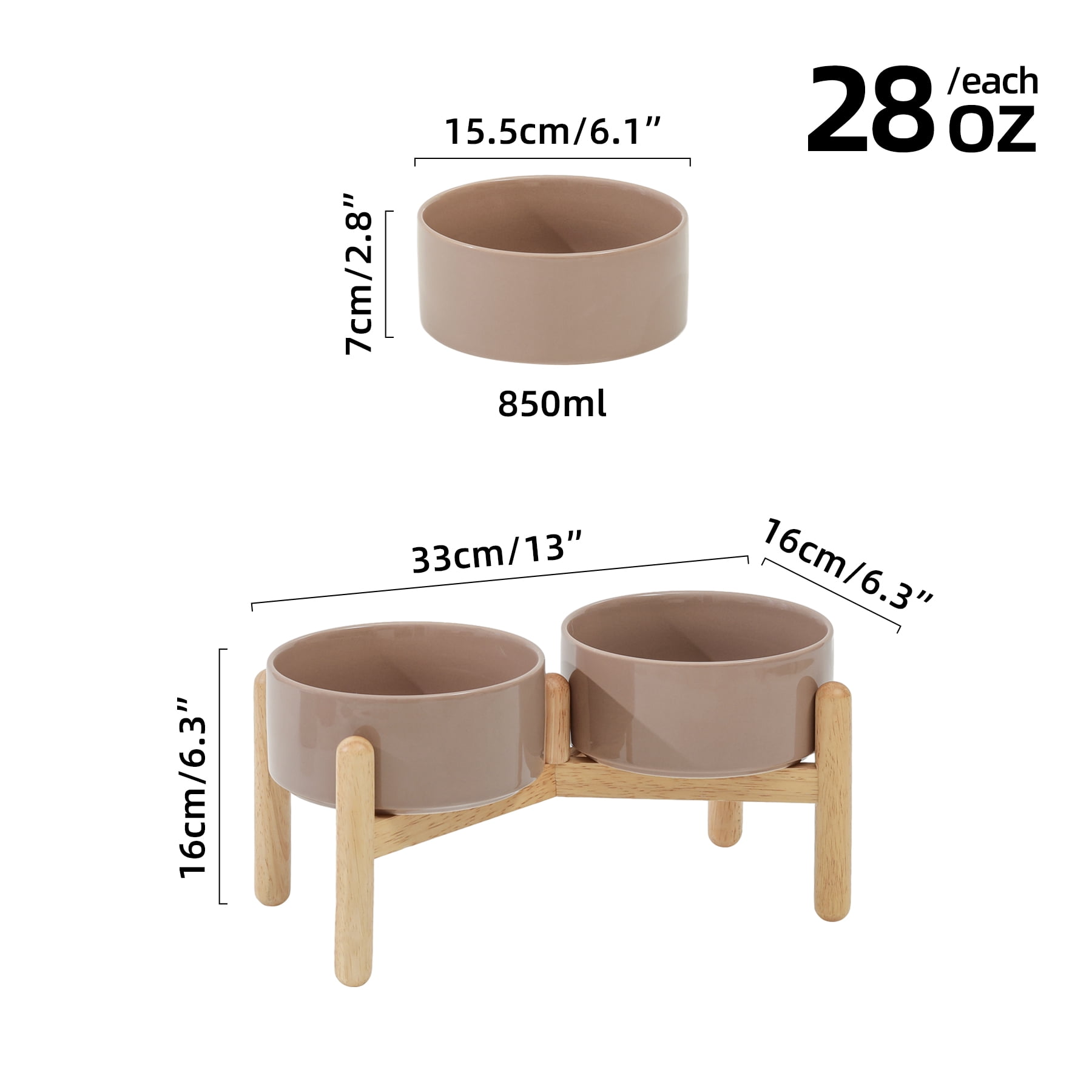 LarqeeWare Ceramic 6.1inch Raised Dog Bowl with Stand for Small and Medium Breed Dog Dish Pet Food and Water Bowl (Double Bowl with Stand - Brown Coffee, 28oz)